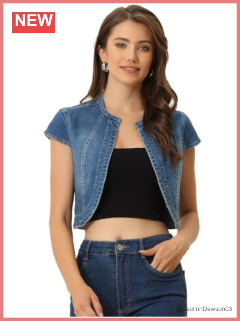 Women's Short Sleeve Collarless Cropped Denim Jacket Classic Fit Summer